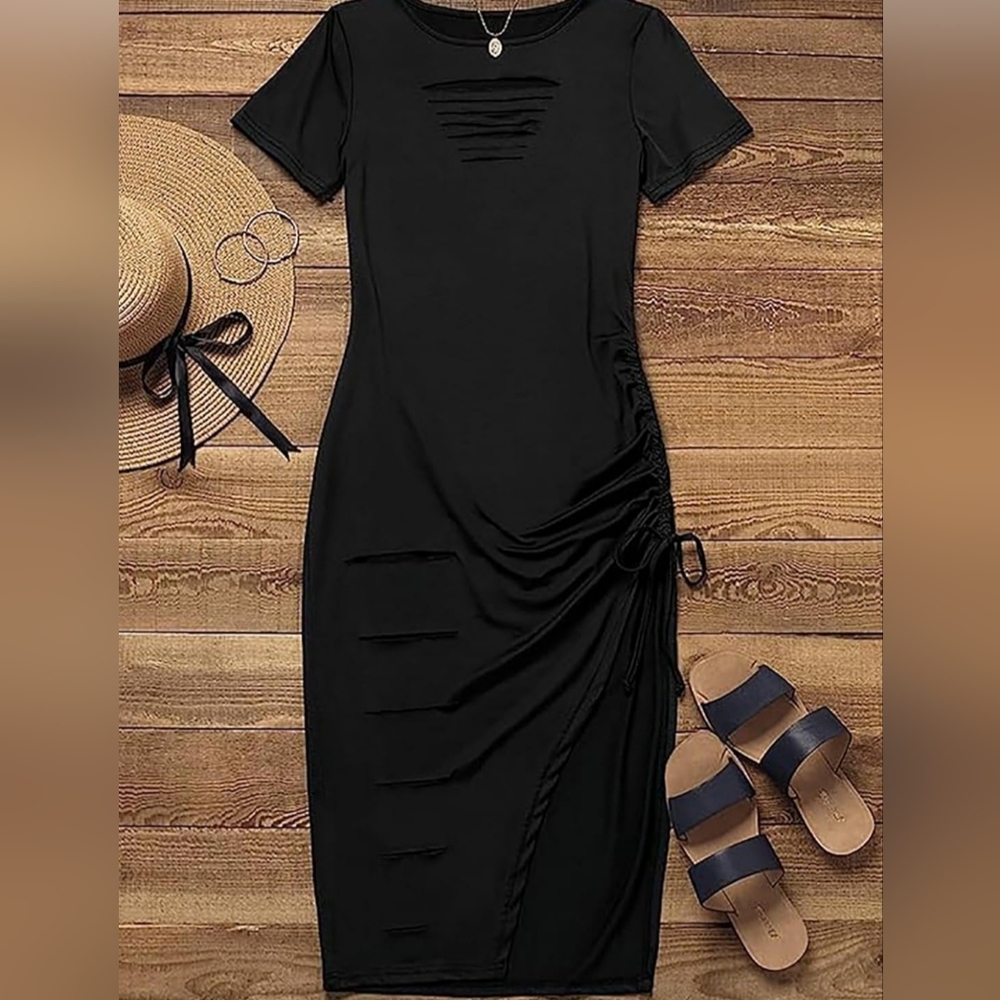 Cut Out Ruched Slit Bodycon Dress - Picture 2 of 5